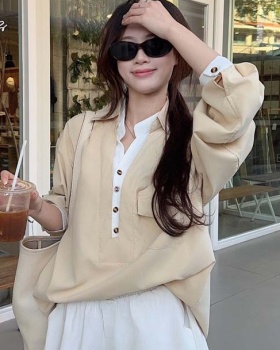 Casual mixed colors V-neck tops splice spring shirt