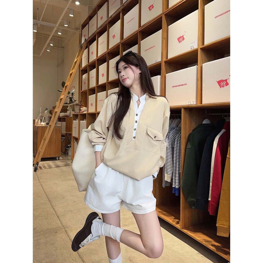 Casual mixed colors V-neck tops splice spring shirt