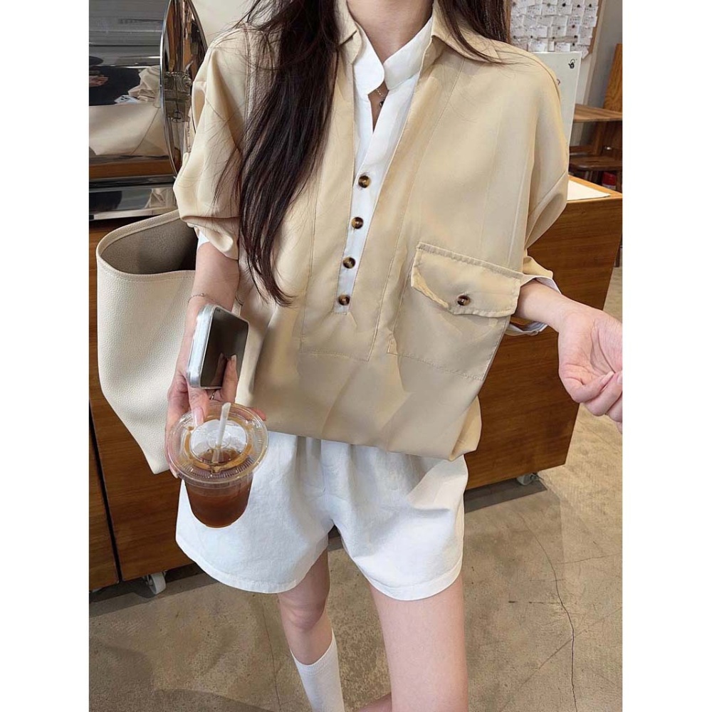 Casual mixed colors V-neck tops splice spring shirt