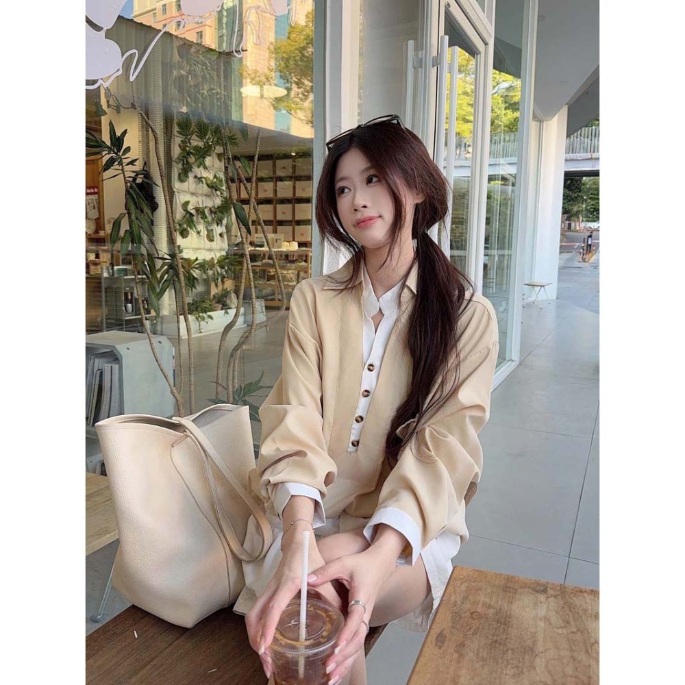 Casual mixed colors V-neck tops splice spring shirt