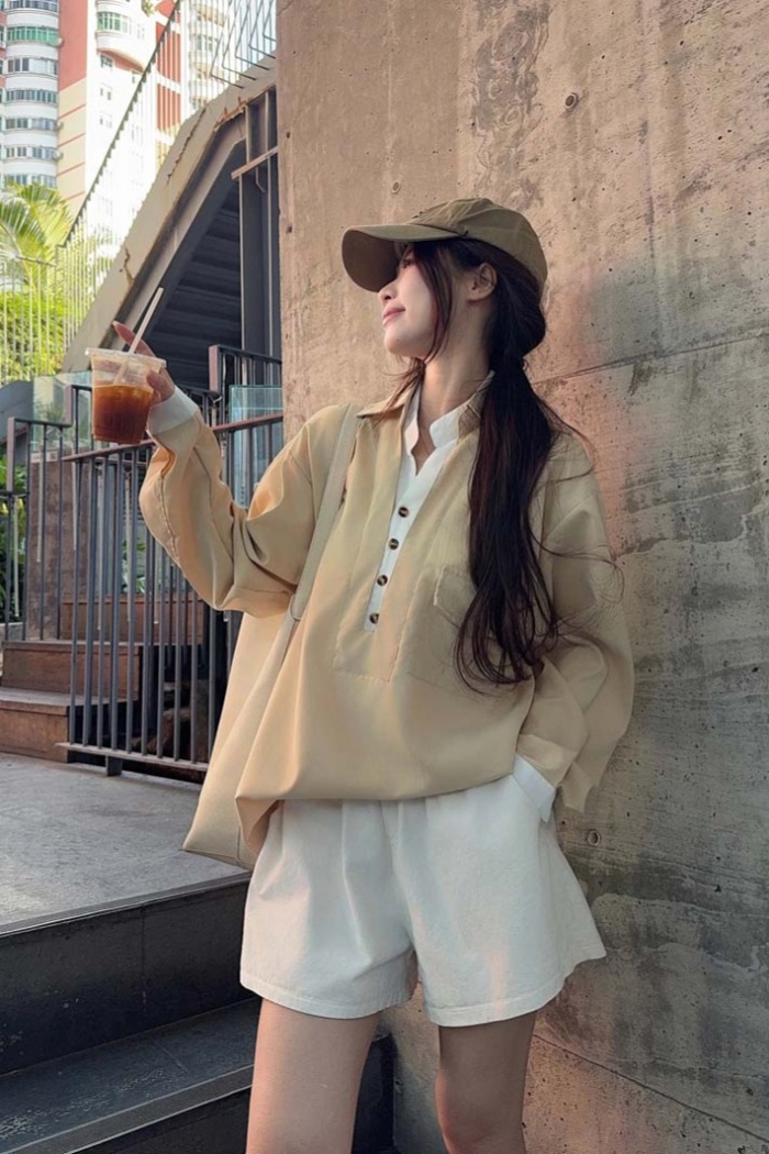 Casual mixed colors V-neck tops splice spring shirt