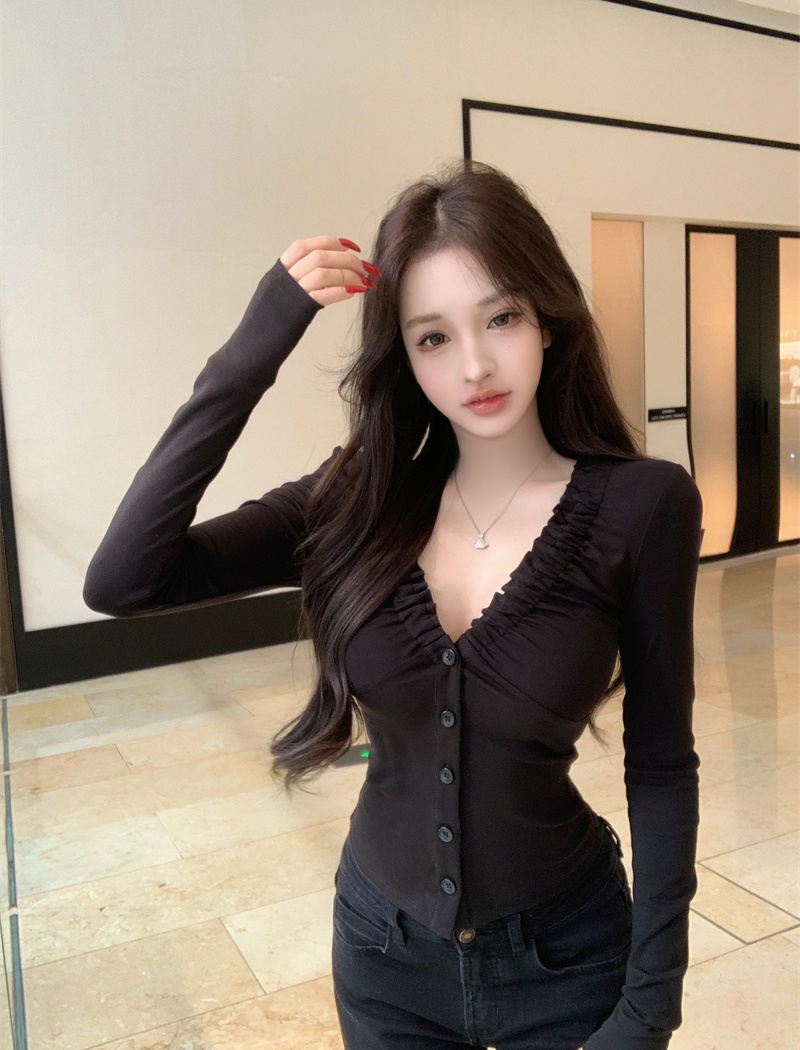 Elasticity V-neck cotton slim bottoming shirt