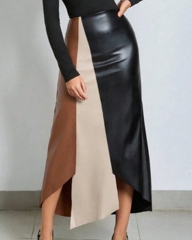 Mixed colors leather skirt long skirt