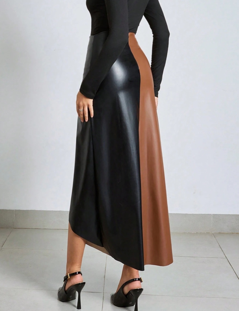 Mixed colors leather skirt long skirt