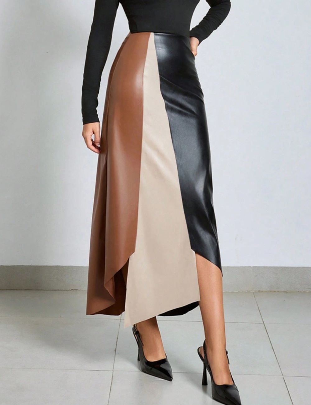 Mixed colors leather skirt long skirt
