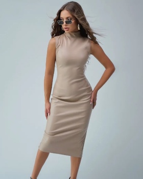 PU European style high collar dress for women