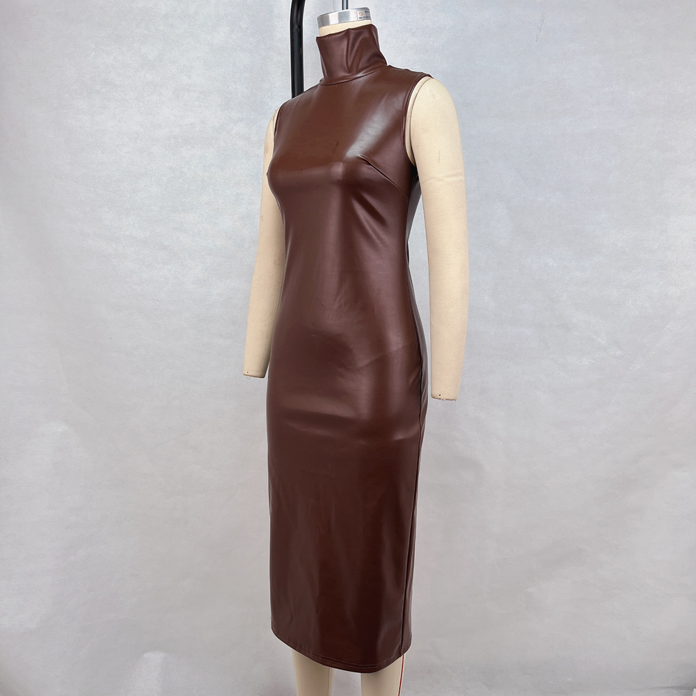 PU European style high collar dress for women