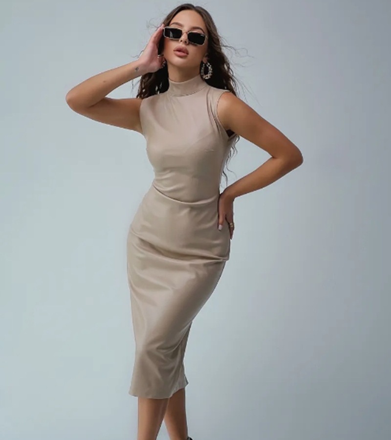 PU European style high collar dress for women