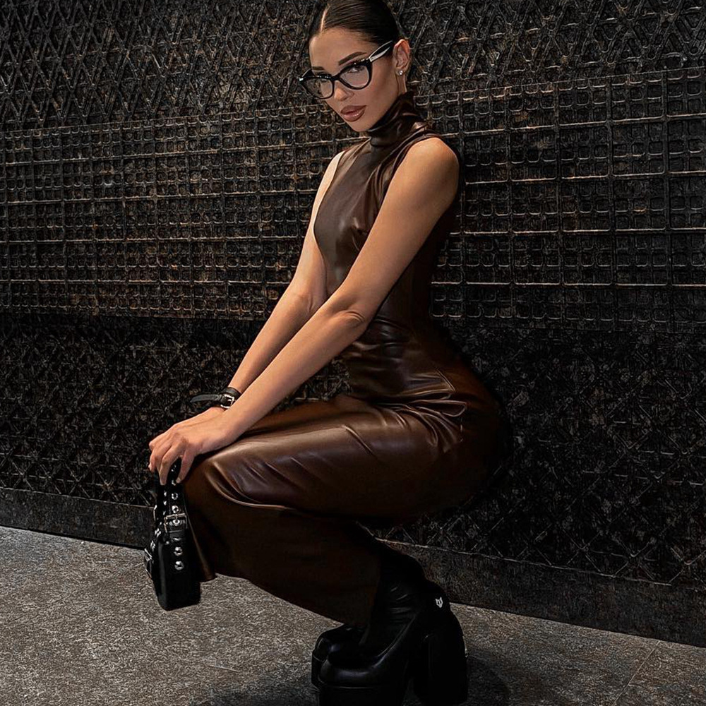 PU European style high collar dress for women