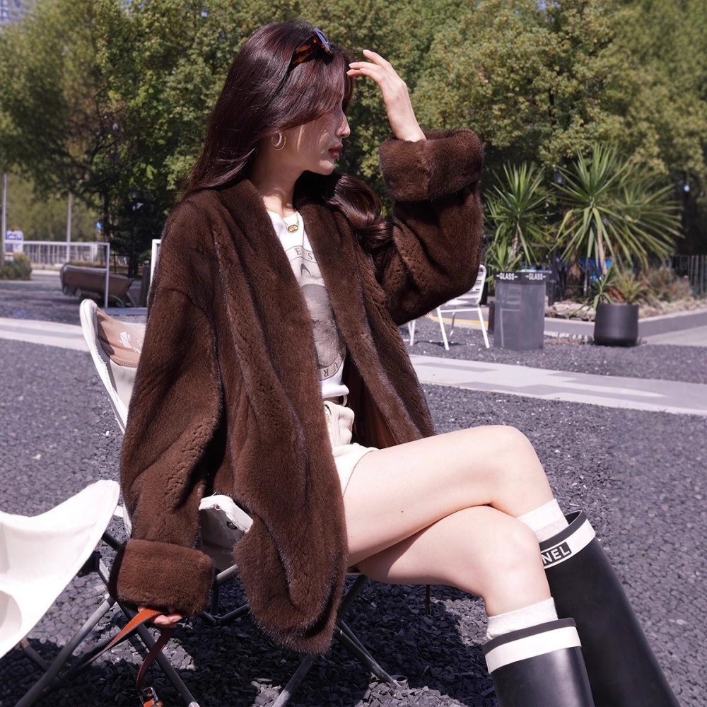 V-neck fashion long winter Casual elmo luxurious fur coat