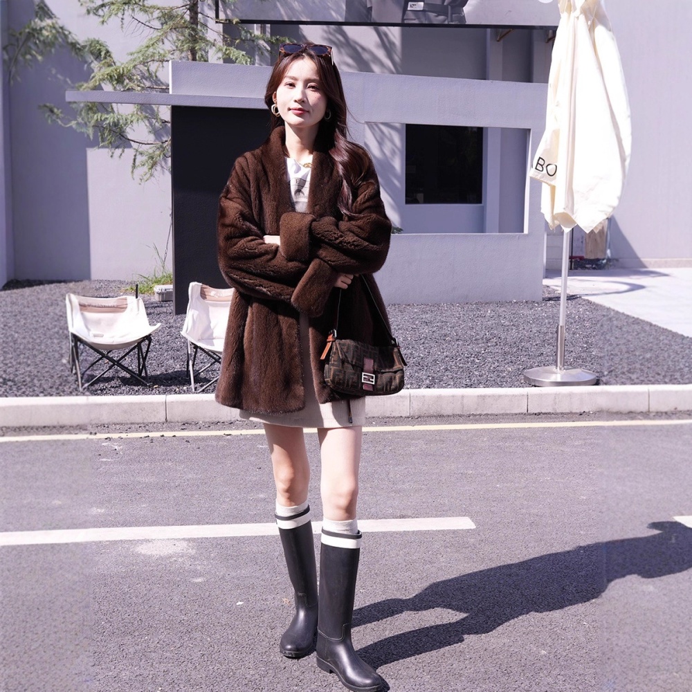 V-neck fashion long winter Casual elmo luxurious fur coat