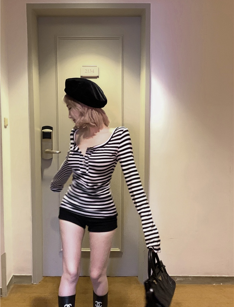 Stripe slim bottoming shirt long sleeve T-shirt for women