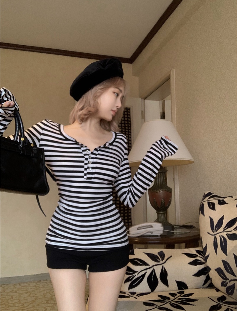Stripe slim bottoming shirt long sleeve T-shirt for women