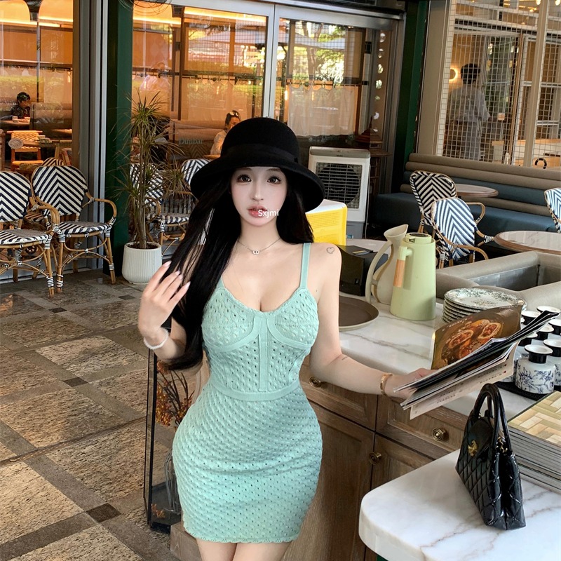 Hollow slim sexy dress weave crochet knitted strap dress