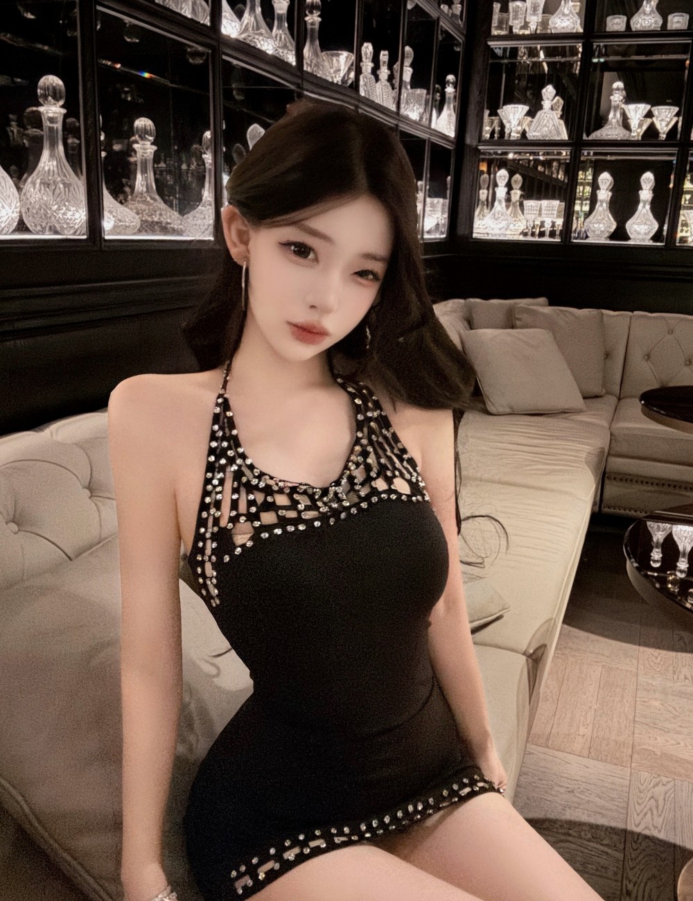 Halter temperament rhinestone ladies sling slim dress