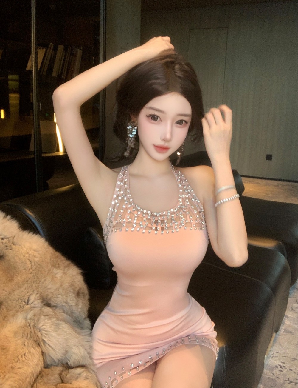 Halter temperament rhinestone ladies sling slim dress