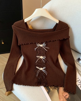 Lace wood ear sweater slim flat shoulder tops for women
