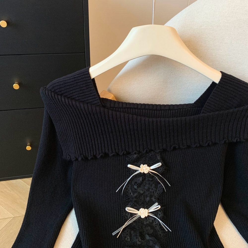 Lace wood ear sweater slim flat shoulder tops for women