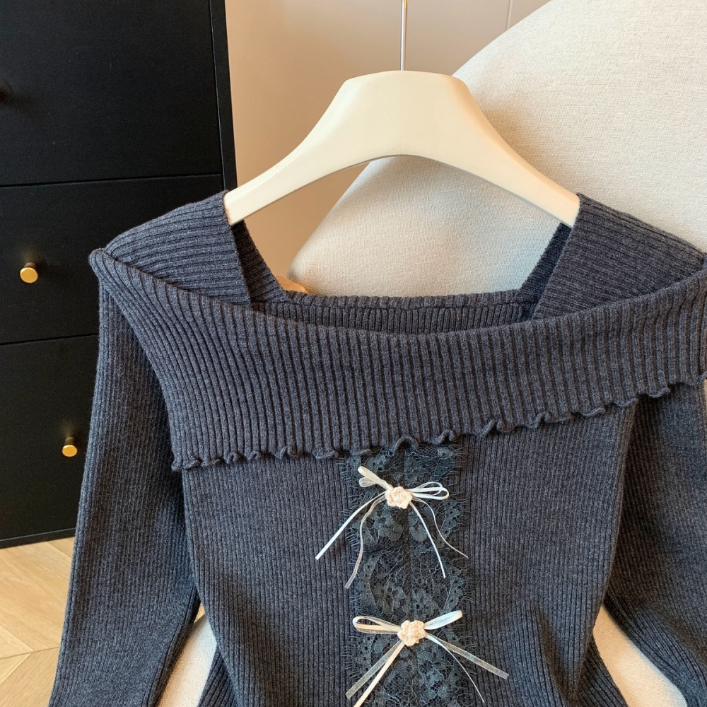 Lace wood ear sweater slim flat shoulder tops for women