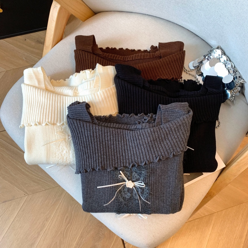 Lace wood ear sweater slim flat shoulder tops for women