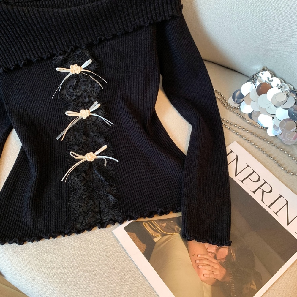 Lace wood ear sweater slim flat shoulder tops for women