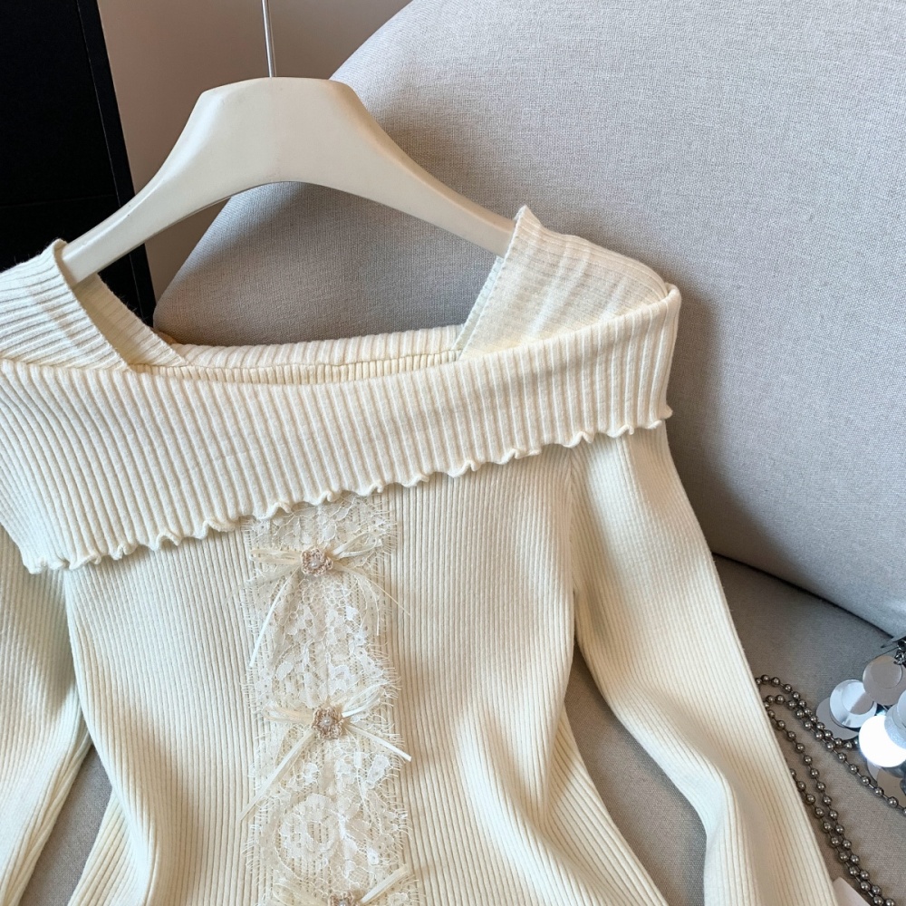 Lace wood ear sweater slim flat shoulder tops for women