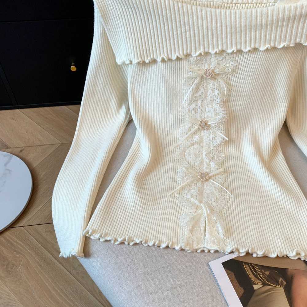 Lace wood ear sweater slim flat shoulder tops for women