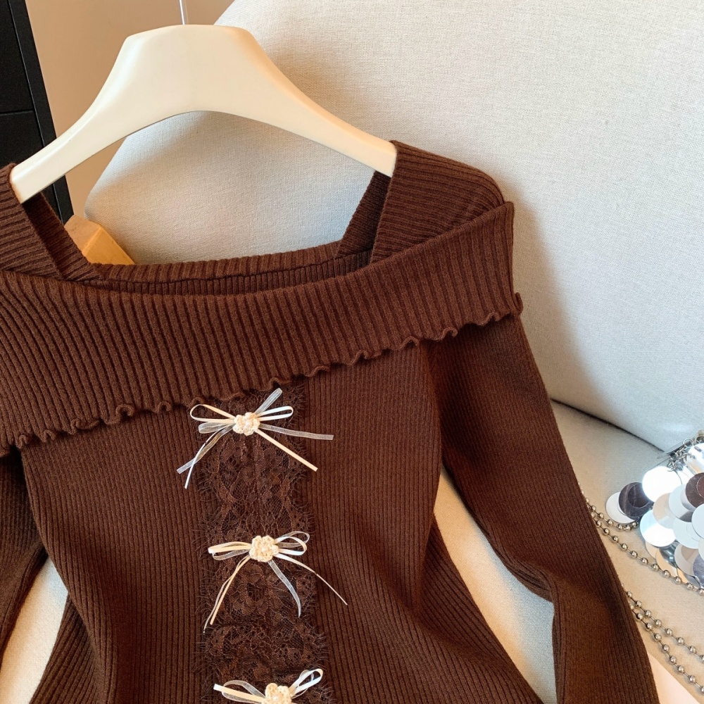 Lace wood ear sweater slim flat shoulder tops for women