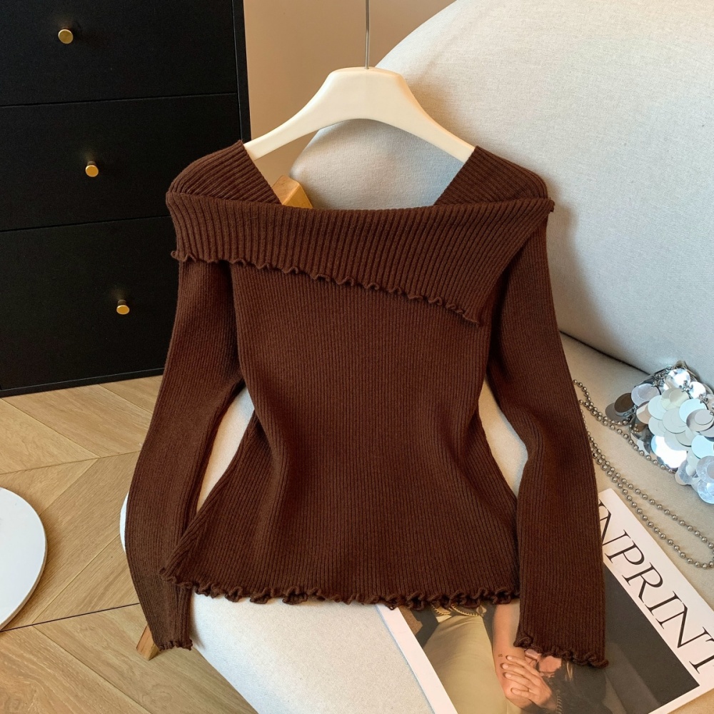 Lace wood ear sweater slim flat shoulder tops for women