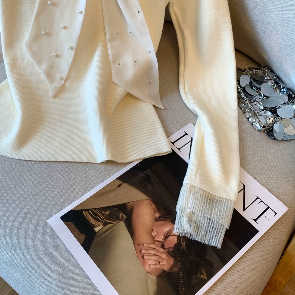 Winter bow sweater beading long sleeve tops for women