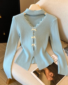 V-neck splice slim bow split sweater for women