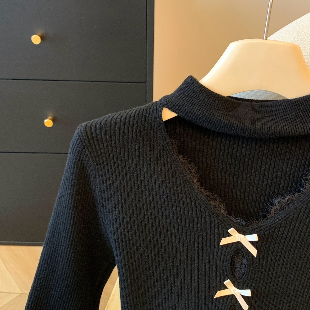 V-neck splice slim bow split sweater for women