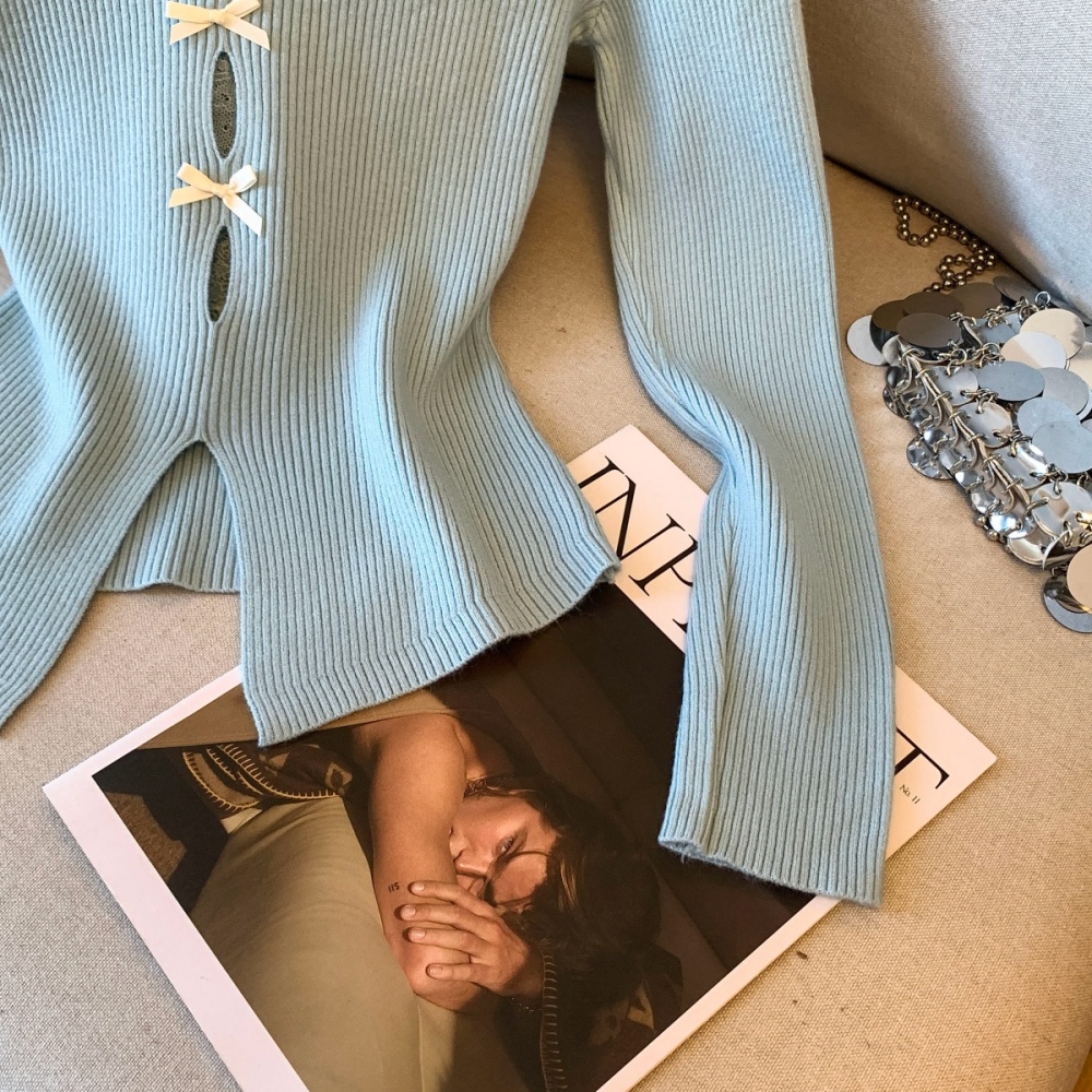 V-neck splice slim bow split sweater for women