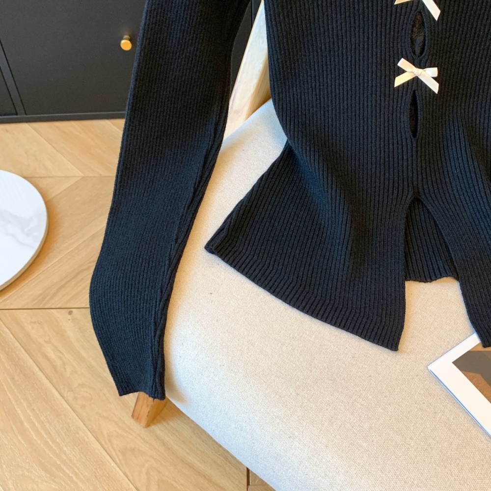 V-neck splice slim bow split sweater for women
