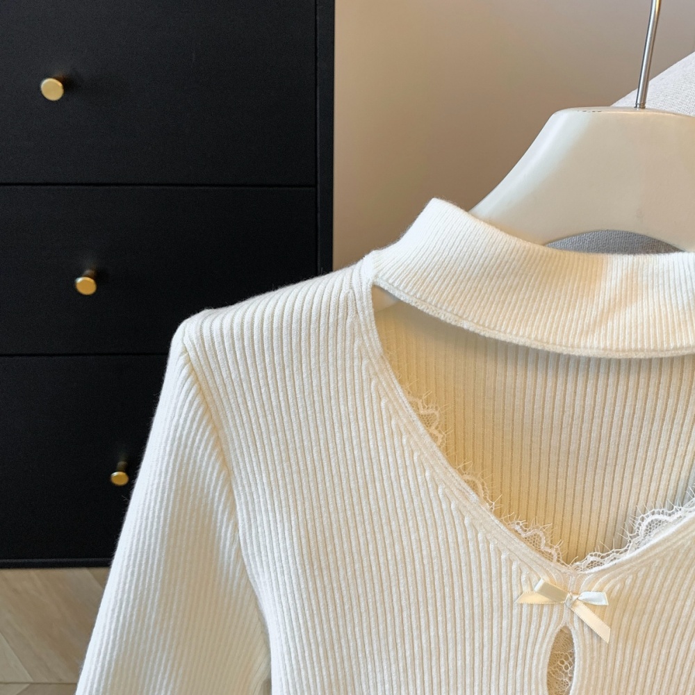 V-neck splice slim bow split sweater for women