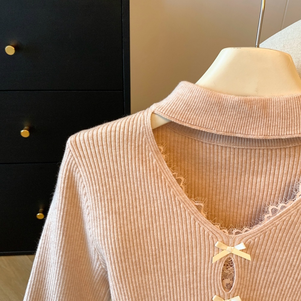 V-neck splice slim bow split sweater for women