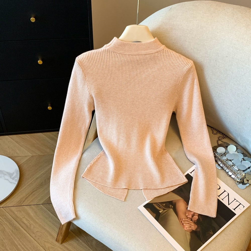 V-neck splice slim bow split sweater for women