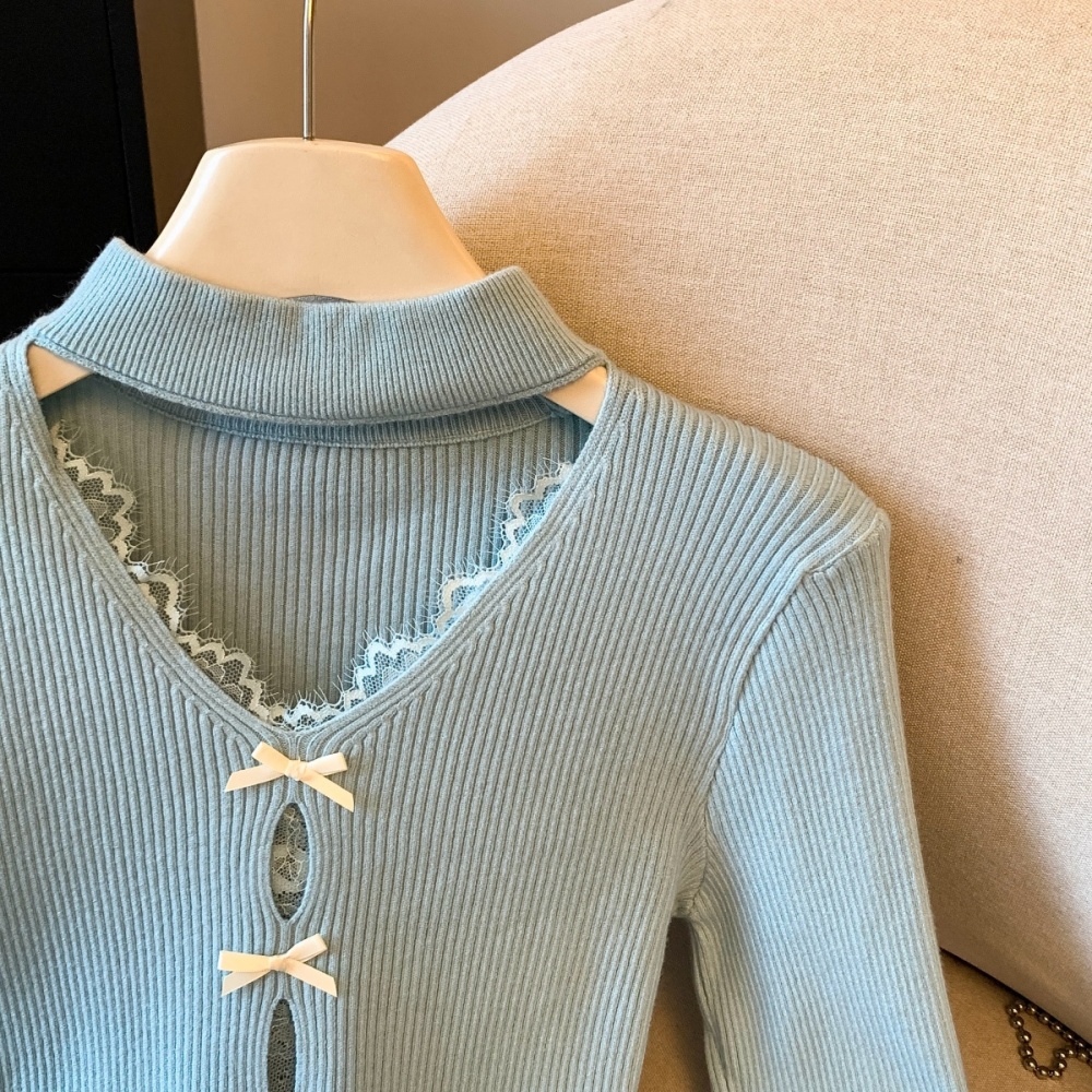 V-neck splice slim bow split sweater for women