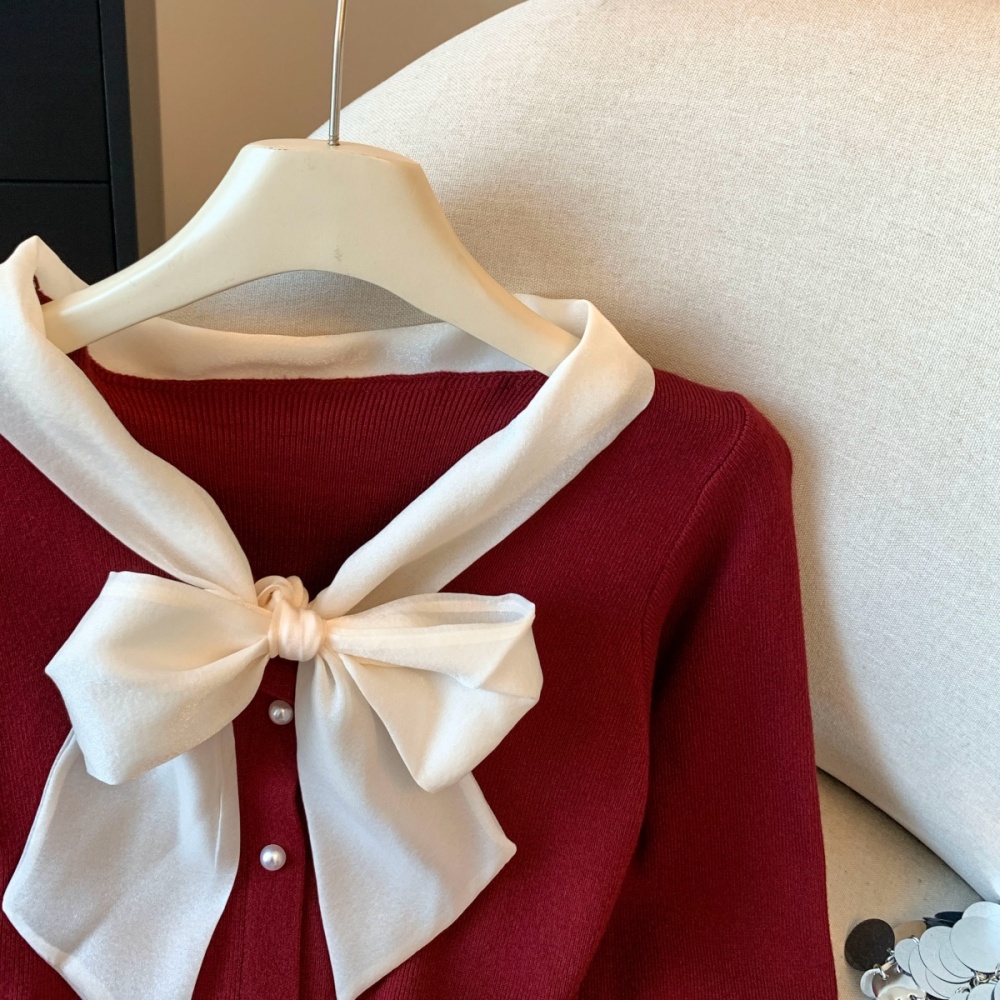Knitted unique coat bow niche tops for women