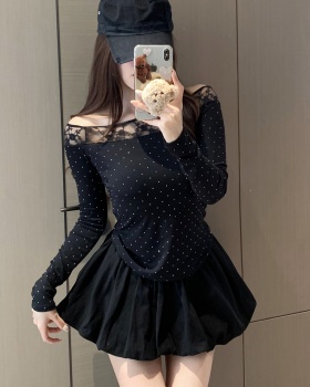 Gauze flat shoulder skirt splice T-shirt a set for women