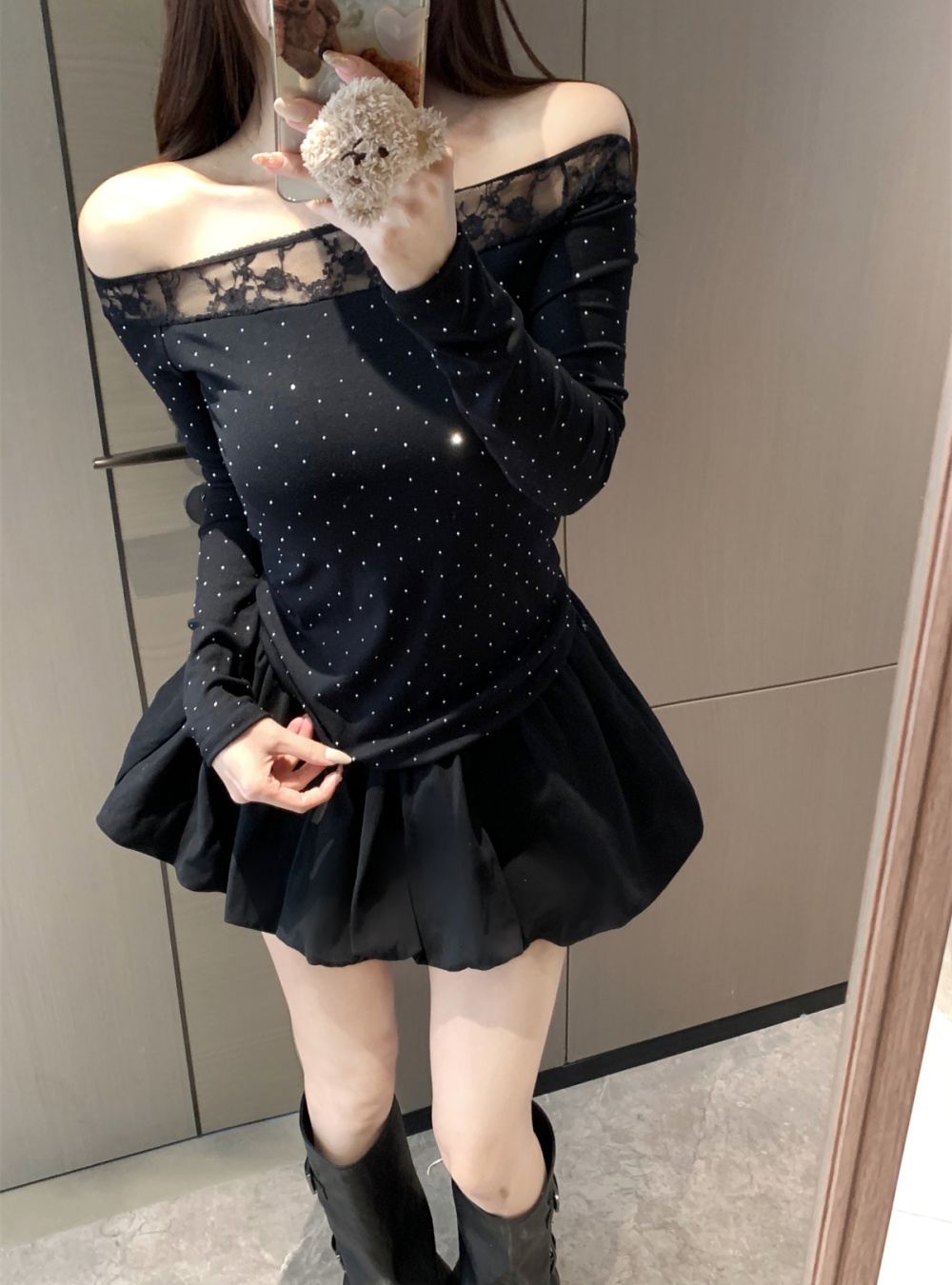 Gauze flat shoulder skirt splice T-shirt a set for women