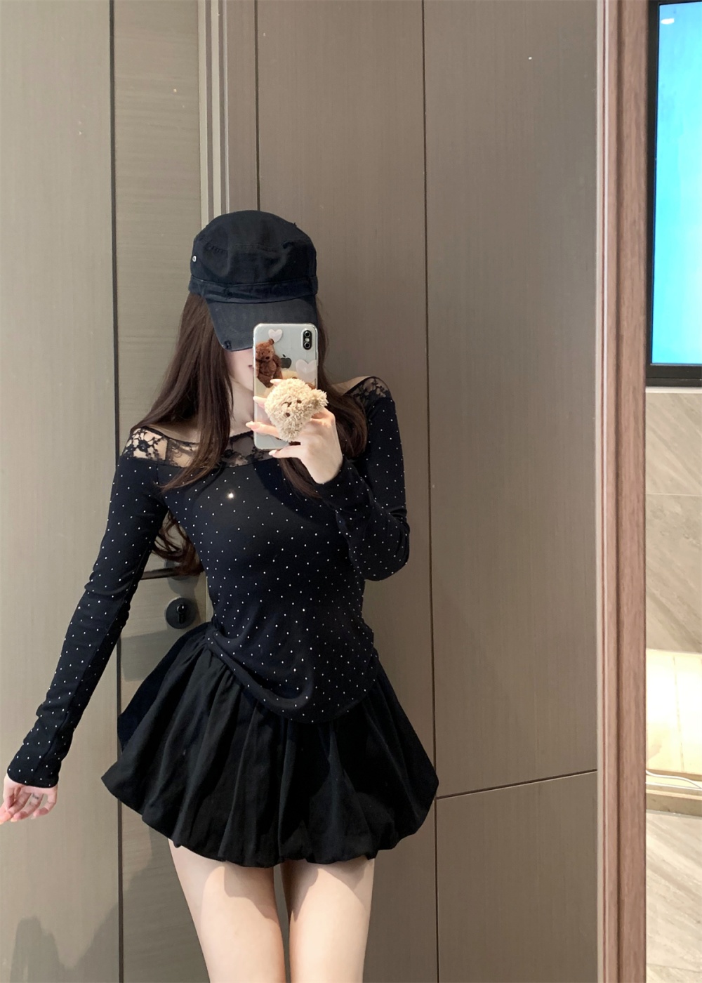 Gauze flat shoulder skirt splice T-shirt a set for women