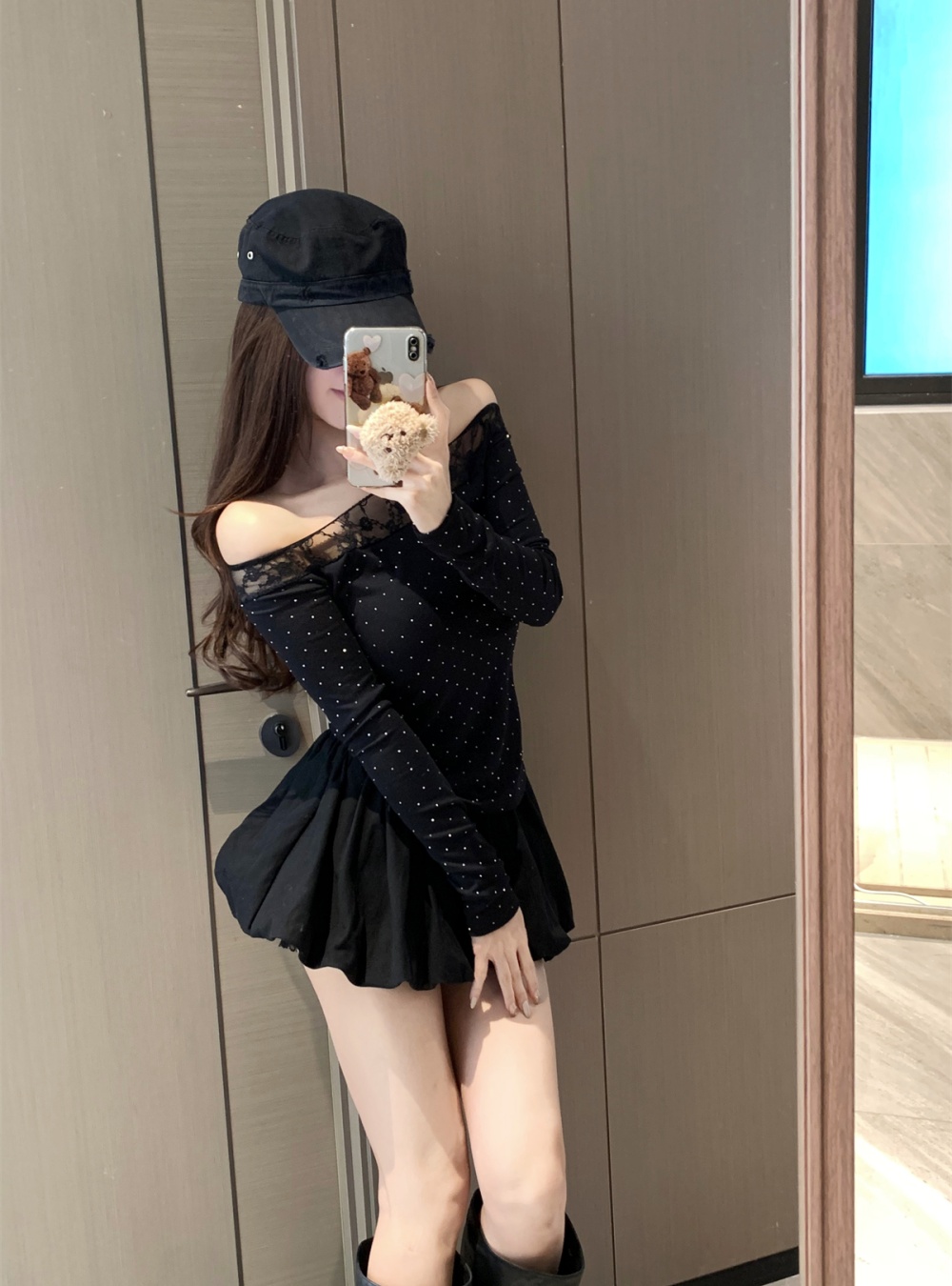 Gauze flat shoulder skirt splice T-shirt a set for women