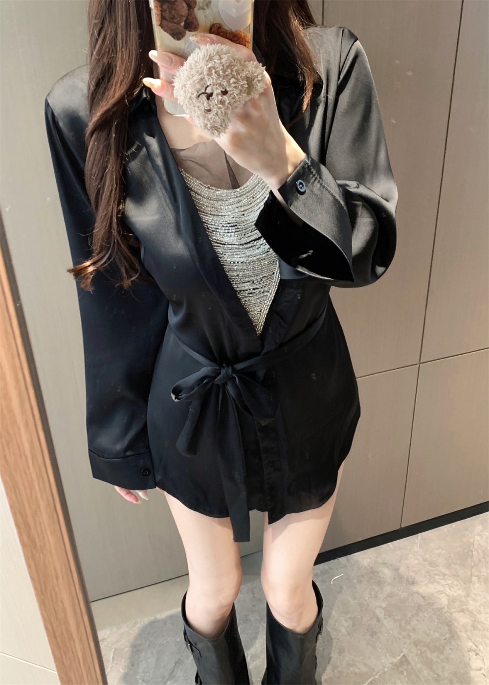 Splice diamond long sleeve enticement V-neck gauze spring shirt