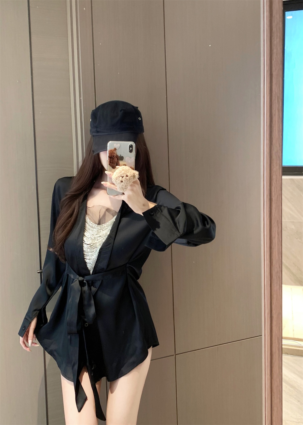 Splice diamond long sleeve enticement V-neck gauze spring shirt