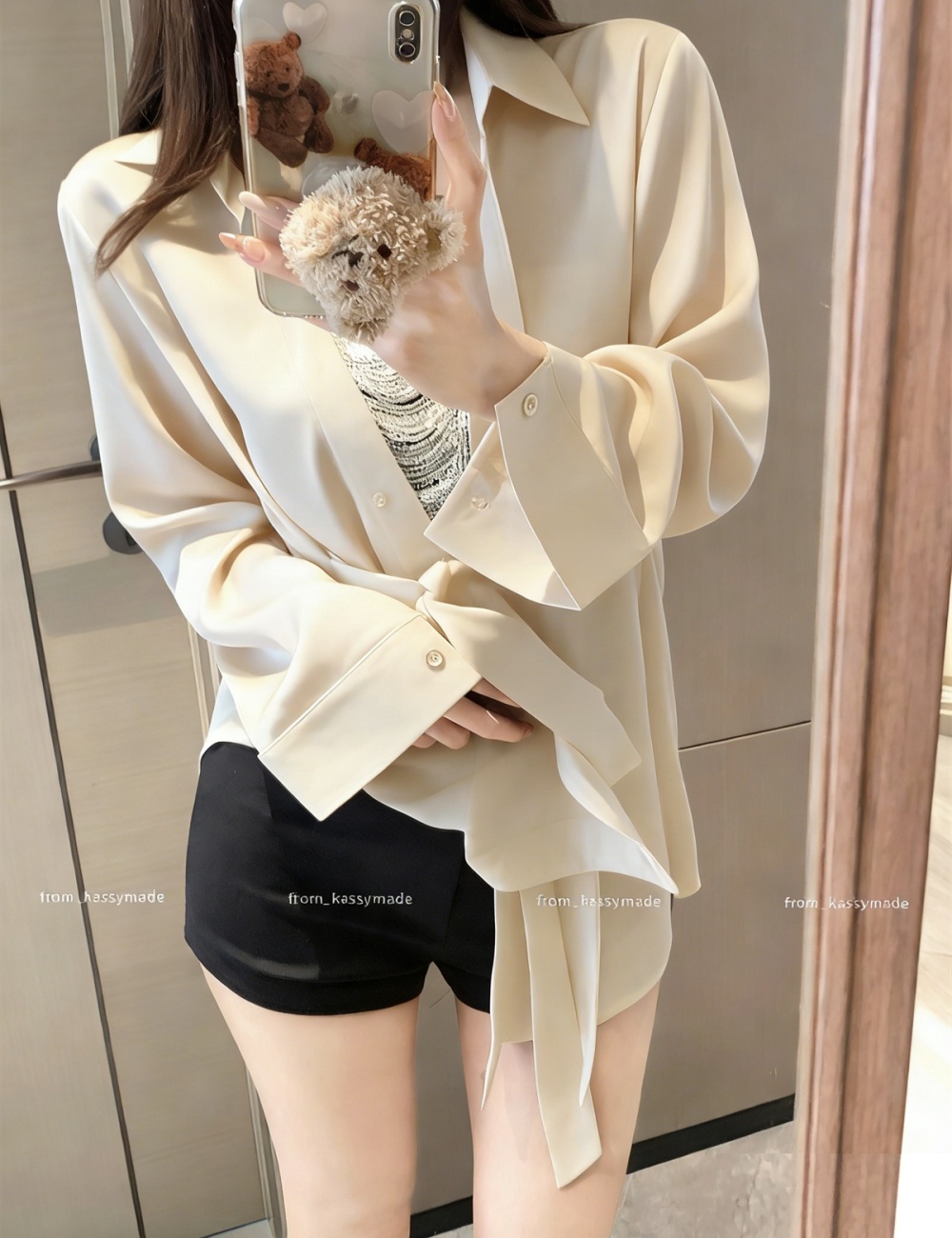 Splice diamond long sleeve enticement V-neck gauze spring shirt