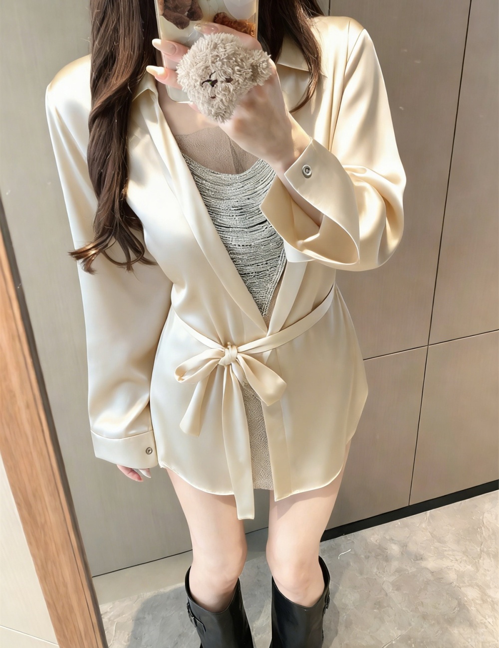 Splice diamond long sleeve enticement V-neck gauze spring shirt
