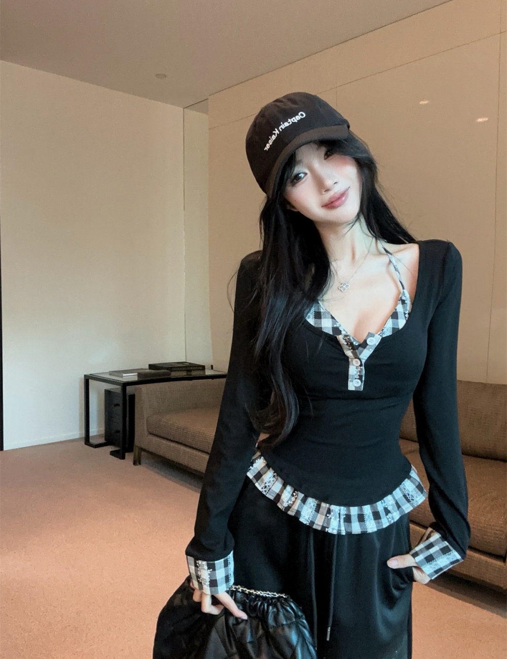 Halter retro splice plaid spring tops 2pcs set for women