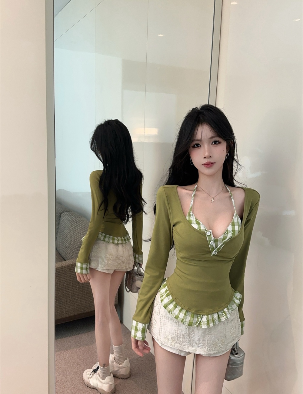 Halter retro splice plaid spring tops 2pcs set for women