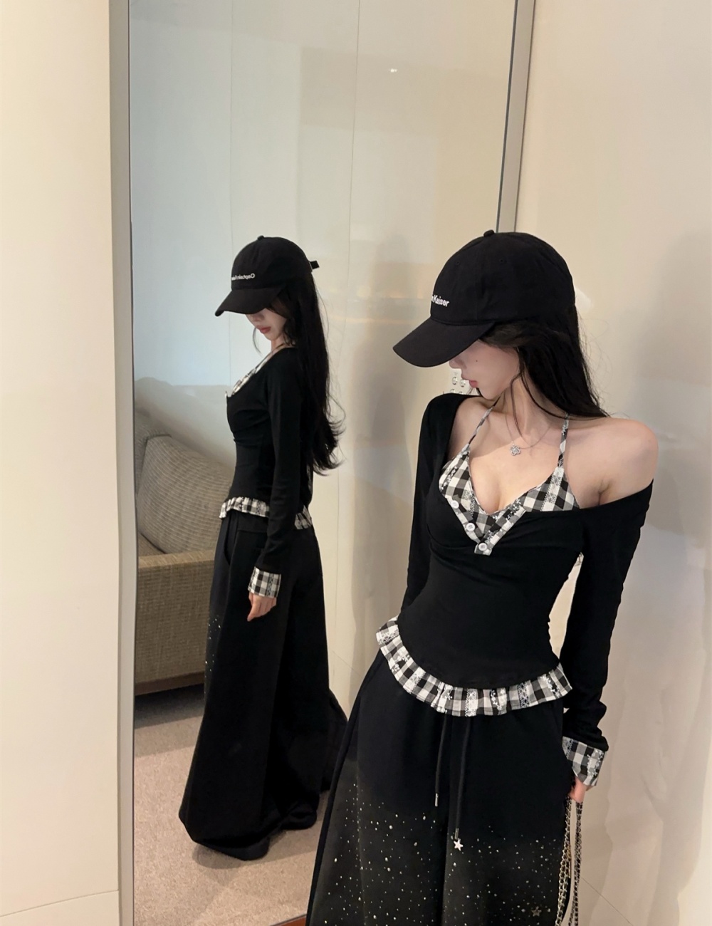 Halter retro splice plaid spring tops 2pcs set for women